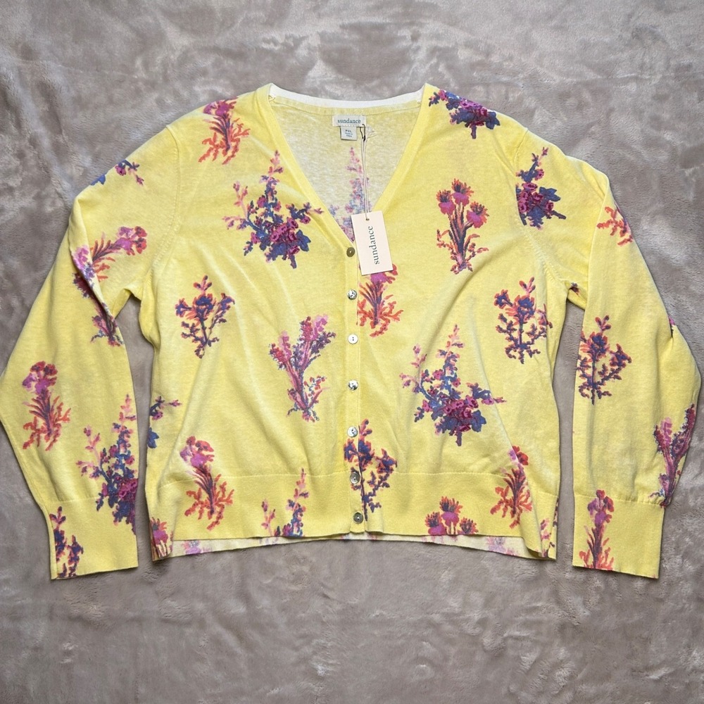 Sundance Larkspur Floral Print Cardigan Sweater Yellow Linen Size‎ PXL NWT